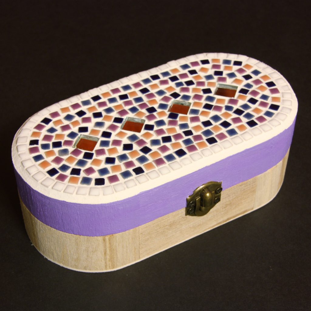 Mosaic purple and blue oval trinket box commission